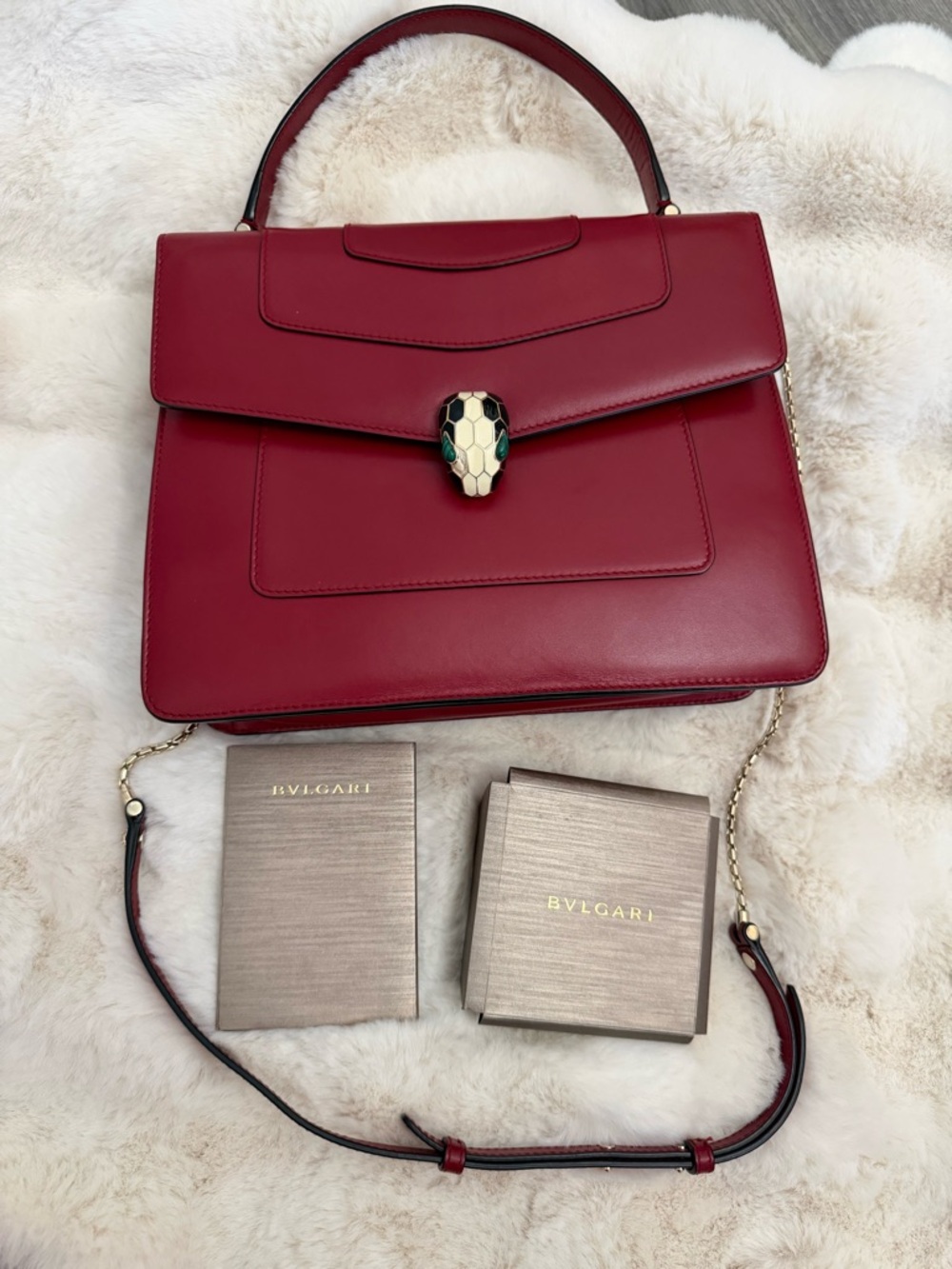 Bulgari Burgundy Leather Top-Handle Satchel with Serpenti Clasp